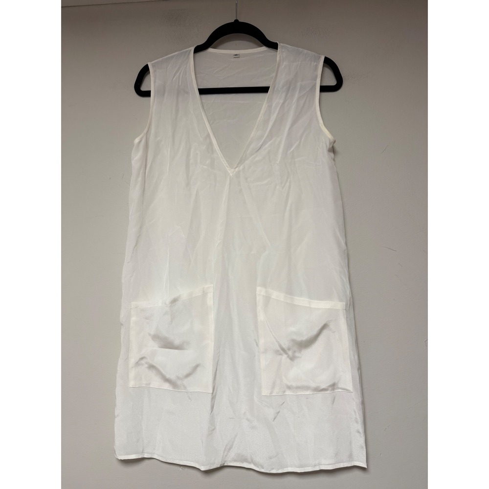 White‎ V Neck Sleeveless Shift Dress Pockets Oversized Casual XS